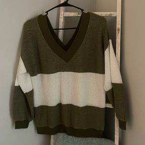 Light weight off shoulder knit sweater in sage green and white size small